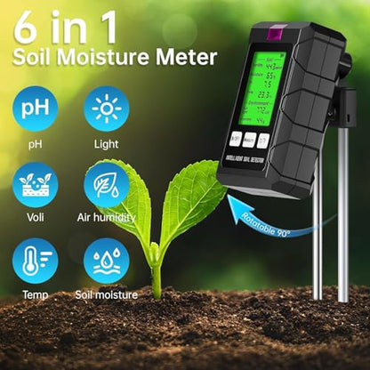 6-in-1 Soil Moisture Meter with Moisture/pH/Temperature/Sunlight/Air Humidity/Fertility, Soil Tester for Farming, Gardening and Outdoor Plants (2*AAA Battery Needed)| Factory-Permanent Calibration