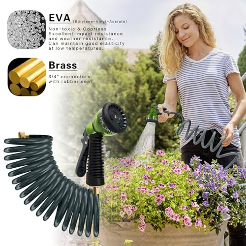 Coil Hose 15FT EVA Coil Garden Hose With 3/4'' Brass Connector - color: Gray, size: 15ft