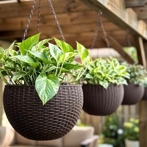 LaLaGreen Hanging Planters (11in, 3 Pack) Self-Watering Hanging Flower Pots - color: Brown X 3