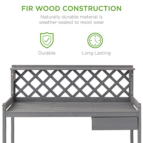 Best Choice Products Outdoor Garden Potting Bench, Wooden Workstation Table w/Cabinet Drawer, Open Shelf, Lower Storage, Lattice Back - Gray