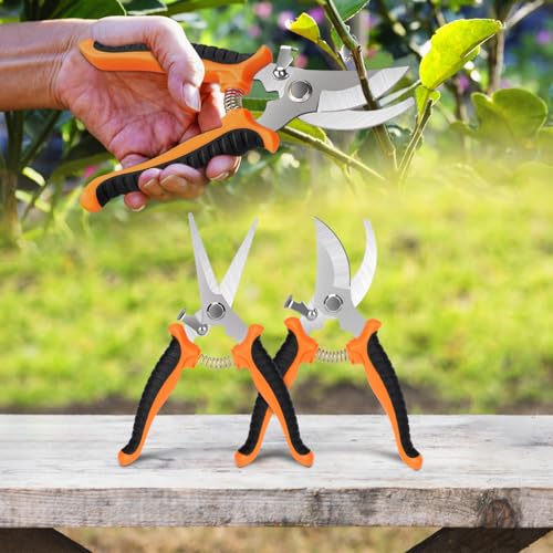 2Pcs Stainless Steel Garden Pruning Shears, Antiskid Curved Sharp Floral Cutter, Snips Parrot-Beak Style - Orange - color: Orange