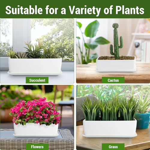 MyGift 14 Inch Ceramic Indoor Plant Pot with Drainage Hole, Rectangular Succulent Planter Window Box with Removable Saucer, Unglazed White (Pack of 2) - size: 14.5 inch (Pack of 2)