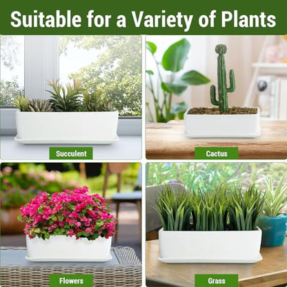 MyGift 14 Inch Ceramic Indoor Plant Pot with Drainage Hole, Rectangular Succulent Planter Window Box with Removable Saucer, Unglazed White (Pack of 2) - size: 14.5 inch (Pack of 2)