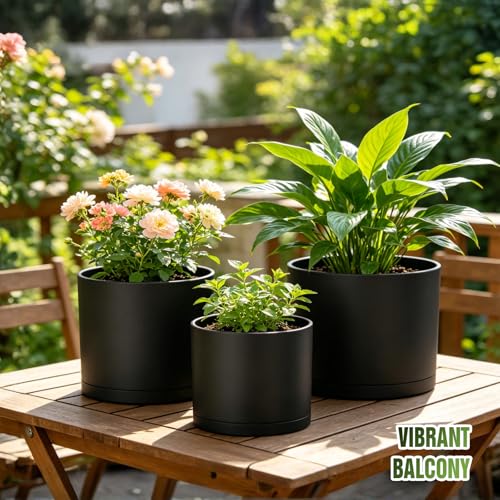 10/9/8 Inch Plant Pots 3 Pack, with Drainage Hole & Saucers - color: Matte Black
