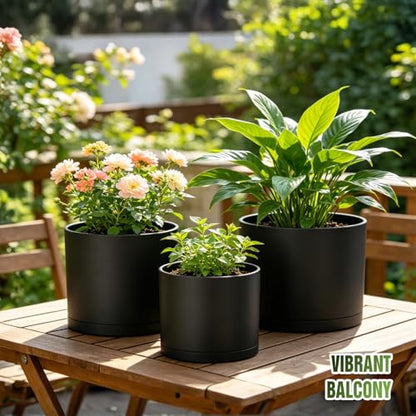 10/9/8 Inch Plant Pots 3 Pack, with Drainage Hole & Saucers - color: Matte Black