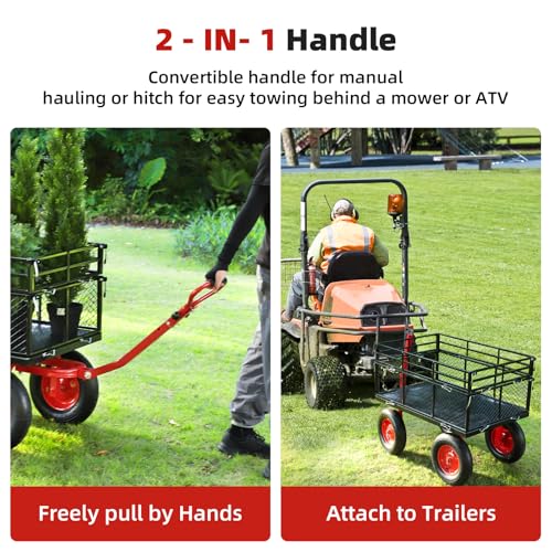 1400 LBS Steel Garden Yard Cart, Heavy-Duty Metal Garden Wagon Convertible 2-in-1 Handle and Removable Sides to Convert into Flatbed Lawn and Utility Wagons Cart