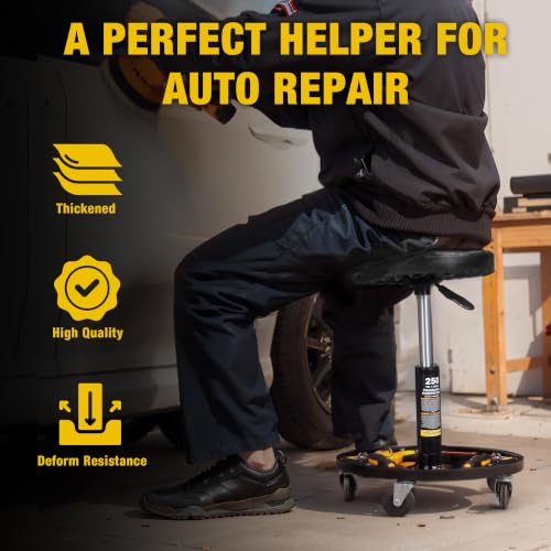 YELLOW JACKET Pneumatic Rolling Mechanic Stool with Wheels 250lb Capacity Adjustable Height Garage Shop Seat with Tool Tray for Auto Repair Workshop - color: Black