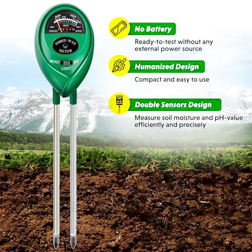 Soil pH Meter 3-in-1 Soil Tester Soil Test Meter for Moisture, Fertility and pH, Soil Moisture Meter for Potting Soil, Garden, Farm, Lawn, No Batteries Required