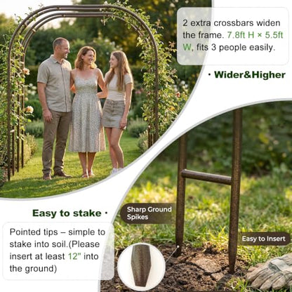 Metal Garden Arch 5.5ft W, 16mm Thick Steel Tube for Climbing Roses & Vines - color: Brown Strengthen