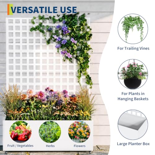 Garvee Metal Planter Box with Trellis and Wheels 71"x47"x16", Drainage Hole - color: Grid - White, size: with wheels