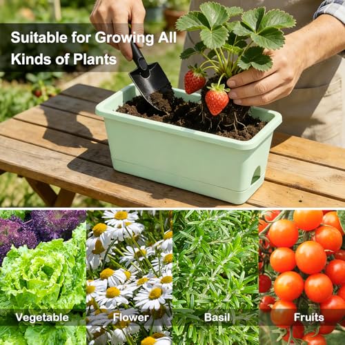 Oliz Window Box Planter 6 Packs, 13.8 Inches Rectangle Flower Pots with Drainage Holes & Trays, Pots for Vegetables, Herbs, Flowers, Garden Windowsill Balcony (Green) - color: Green