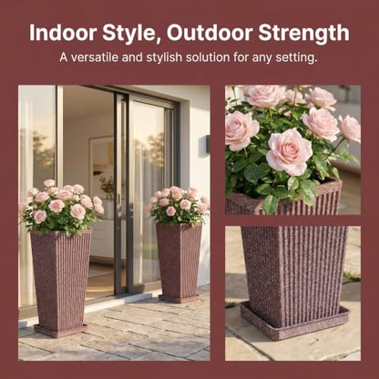 24" Tapered Tall Planters for Outdoor Plants with Tray&Shelf, Brown