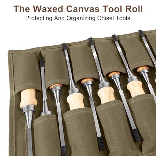 Chisel Roll, 6 Pockets Roll Up Tool Pouch, Waxed Canvas Small Tool Roll - color: 12-Khaki