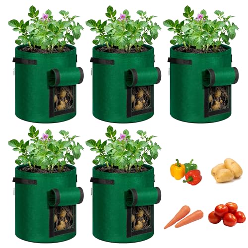VIVOSUN 5-Pack 7 Gallon Potato Grow Bags, Roll-up Harvest Window - color: Green, size: 7 Gallon