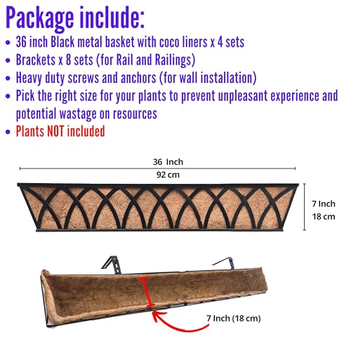 LaLaGreen Black Metal Railing Planter (36 in, 4 Pack) Flower Box Outdoor - size: 36" (91cm) x 4 pack