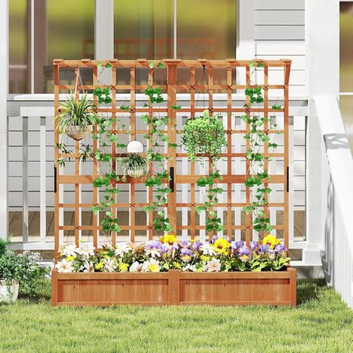72" Raised Garden Bed with Lattice Trellis, Hanging Roof & Drainage Holes, Elevated Wooden Planter Box for Vine Climbing Plant, Flower, Herb & Vegetable