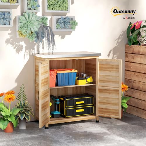 Outsunny Outdoor Storage Cabinet with Metal Tabletop Shelves Natural Wood - color: Natural Wood