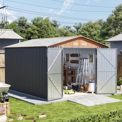 10x12x7.4FT Outdoor Storage Shed with Lockable Large Doors, Matte Gray - size: 10*12FT (No Base)