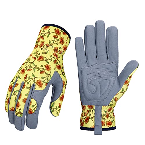 Bamllum Gardening Gloves for Women, Leather Garden Gloves - color: Grey+yellow