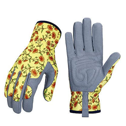 Bamllum Gardening Gloves for Women, Leather Garden Gloves - color: Grey+yellow