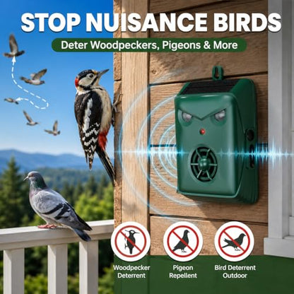 2026 Solar Ultrasonic Bird Repellent Outdoor,Woodpecker Deterrent for House, Weatherproof Goose Pigeon Bird Deterrents for Outside,Birds Repeller Scare Devices,Keep Birds Away Balcony,Yard,Orchard