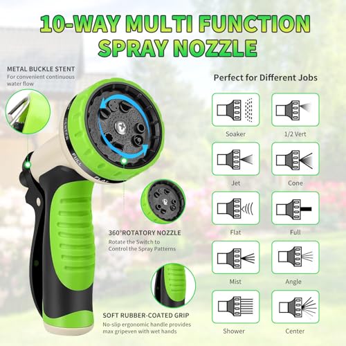 50ft Garden Hose, Heavy Duty Outdoor Water Hose with 10-Way Spray Nozzle, Leak-Proof Brass Connectors, Flexible 50 Foot Hose for Yard & Outdoor,Car Wash - size: 50FT