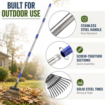 Garden Leaf Rake, 8.5" Head, 36-74 " Adjustable Handle, Sturdy Steel Tines - color: silver, size: 11tine