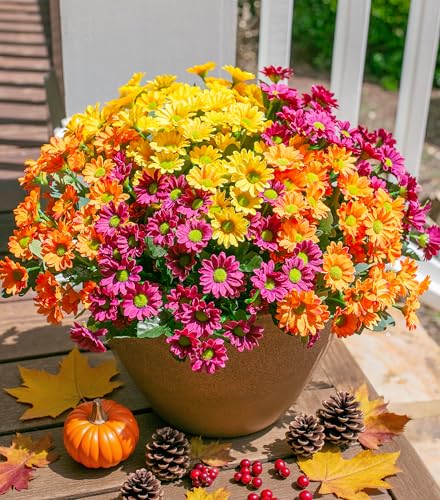 Daisy Artificial Flowers for Outdoors Summer Fall Decoration, 6 Bundles Fake Mums Silk Flowers for Outside Look Real UV Resistant Fake Plants Faux Flowers for Planter Front Door Home Indoor Porch, Mix - color: Mixed Colors
