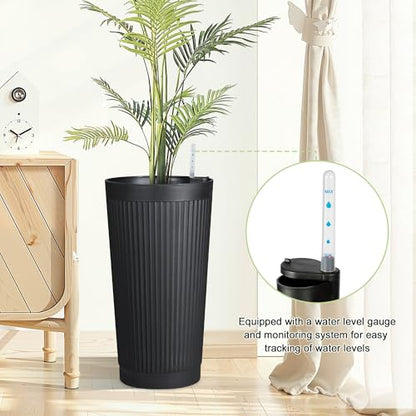 Self Watering Tall Planters Set of 2, Black Round - color: Round Stripe Black