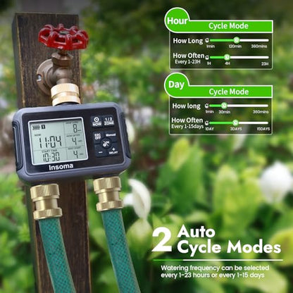 Insoma Water Timer with Brass Inlet & Outlet, 2 Independent Zones Outdoor Hose Timer for Garden Faucet with Auto/Manual/Rain Delay Mode, Sprinkler Irrigation Timers for Yard Lawn - size: 2-Zones-TT