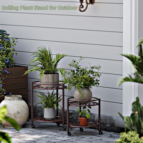 2 Tier Heavy Duty Rolling Plant Stand, 2 Pack Coffee - color: 2 pack coffee