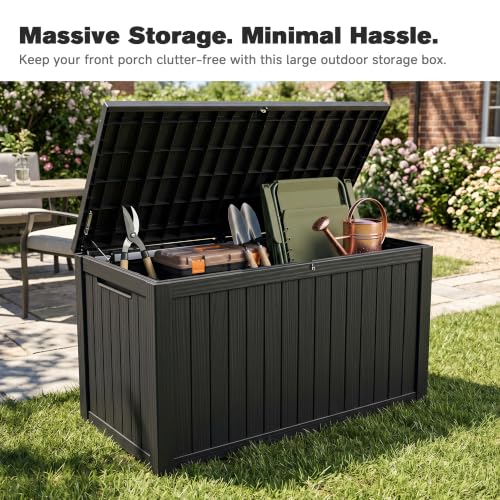 180 Gallon XXL Resin Deck Box, Large Outdoor Storage Shed & Bench, Black - color: Black-B