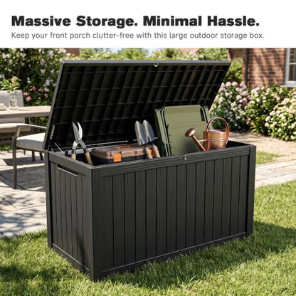 180 Gallon XXL Resin Deck Box, Large Outdoor Storage Shed & Bench, Black - color: Black-B