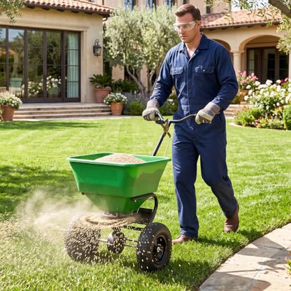 66LBS Walk-Behind Broadcast Spreader with 13" All-Terrain Pneumatic Tires, 6.5FT Spreading Width & Adjustable Flow Control, Push Fertilizer Spreader for Grass Seed, Salt & Ice Melt (Green) - color: Green