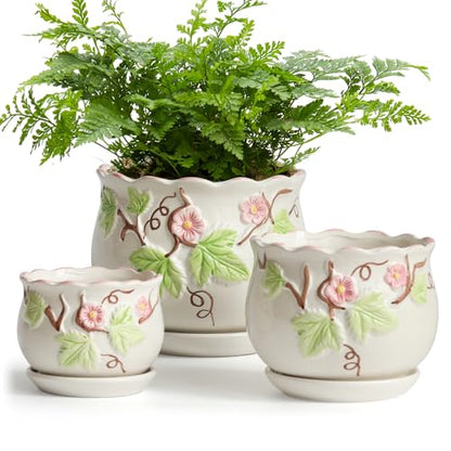 Ceramic Plant Pots with Drainage Holes and Saucers, Small Planters Set of 3 - color: White03