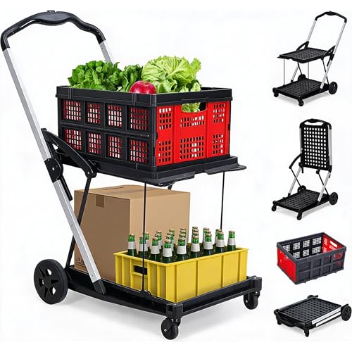 Jojoka Heavy Duty 2-Tier Collapsible Garden Cart – Lightweight Aluminum Frame – 360° Swivel Wheels – Removable Crate for Groceries, Office, Apartment, Travel – 198 lbs Capacity, Red - color: Red