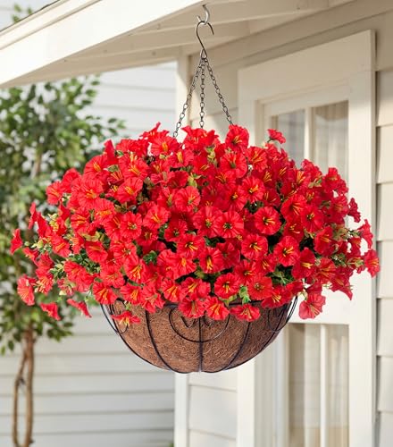 HyeFlora Artificial Fake Hanging Flowers for Outdoors Baskets Fall Decor, Faux Hanging Plants Outside Silk Morning Glory in Planter Look Real UV Resistant for Outdoor Porch Patio Garden Home, Red - color: B Red