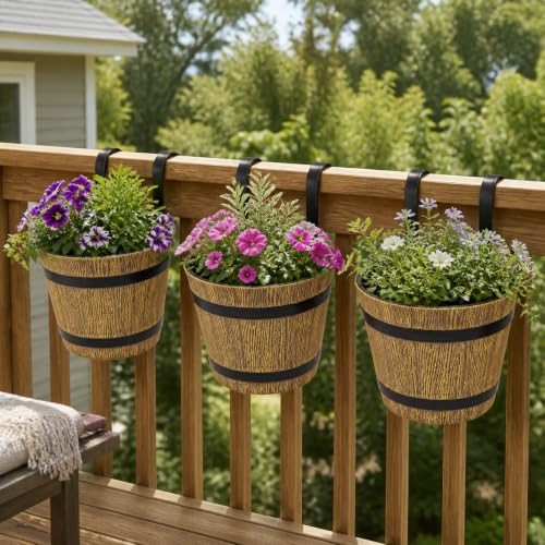 2-Pack Hanging Railing Planters, 7 in Rustic Barrel Flower Pots