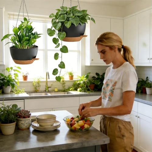 3 Pack Hanging Planters for Indoor Outdoor Plants, 10 Inch Self Watering Hanging Pots for Plants, Plastic Hanging Flower Baskets for Plants Hanger with Drainage and Tray, Chain (Black Brown)