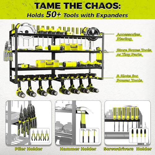 KAFAHOM Power Tool Organizer-8 Drill Holder Wall Mount,4 Layer Heavy Duty Metal Power Tool Storage Rack,Garage Tool Organizer and Storage with Screwdriver Holder/Plier Holder/Hammer Holder - color: black, size: 4-Layer 8-Drill