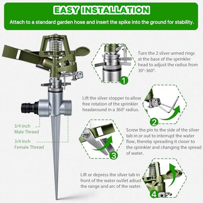2 Pack Zinc Alloy Impact Lawn Sprinklers with Stand Spike 360° - color: green
