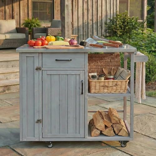 Outdoor Storage Deck Box and Kitchen Prep Station, Fir Wood Patio Storage Cabinet with Stainless Steel Top, Mobile Grill Cart with Lockable Wheels and Spice Rack for Backyard, 40.5 Inch, Grey - color: Grey - 40.50 X 18.50 X 35.60 Inch
