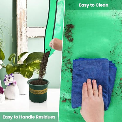 Repotting Mat for Indoor Plants, Green, Thickened PE, 26.8x26.8 Inch, Waterproof Portable Potting Tray for Transplanting and Dirt Control