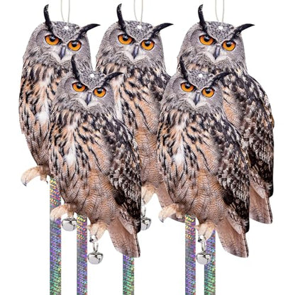 5 Pack Hanging Outdoors Reflective Scarer Away Owl Device to Keep Animals Pigeon Woodpecker Away from Patio Garden - color: Brown-5