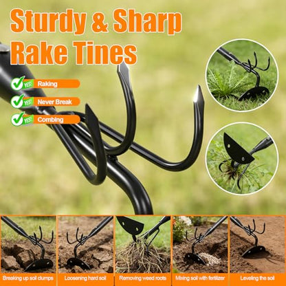 65 Inch 2-in-1 Hoe and Cultivator Garden Tool, Heavy Duty Garden Hoe with 3-Tine Tiller Rake for Weeding and Soil Loosening, Long Handle Stand Up Weed Removal Tool for Planting, Digging & Gardening