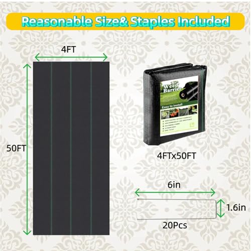 4FTx50FT Weed Barrier Landscape Fabric Heavy Duty, Weed Block Gardening Ground Cover Mat, UV Resistant Permeable Weed Control Cloth for Garden, Flower Bed, Yard, Commercial Driveway Fabric,20 Staples - size: 3.2oz---- 4FT x 50FT