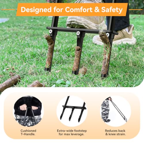 Manual Lawn Aerator Tool, Heavy Duty Core Aerator with Side-Eject Hollow Tines, 3-Tine Soil Plugger for Compacted Clay Soil, High-Strength Alloy Steel Yard Grass Aeration Hand Tool