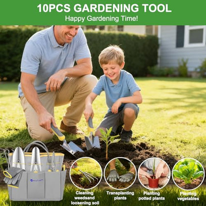 Yesker Gardening Tools 10-Piece Heavy Duty Garden Tool Set Gardening Supplies Gifts for Women Men Gardening Hand Tool Kit w Non-Slip Ergonomic Handle, Garden Bag, Durable Gloves, Pruning Shears, Gray - size: 10PCS Yellow Gray