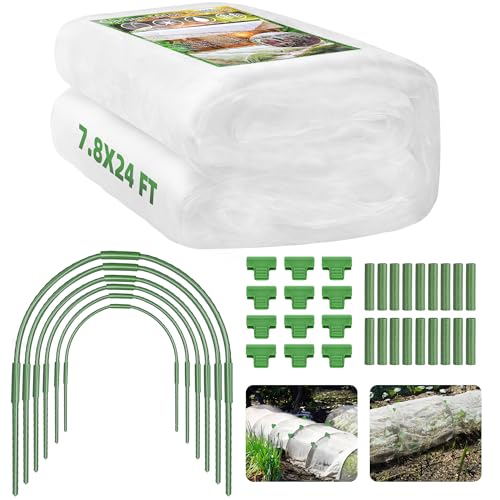 U0U Garden Mesh Netting Kit,7.8 x 24 Ft Plant Netting with Hoops,Bird Net for Garden with 6 Sets Garden Hoops & 18 Clips,Garden Net Bed Cover for Plants Birds Animals Protection (White) - color: White