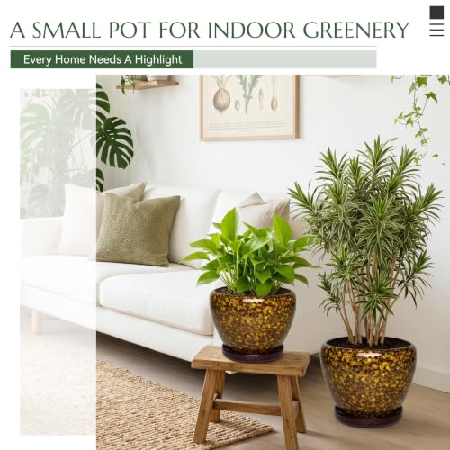Ceramic Planter with Saucer for Indoor Outdoor Plants (8.7 Inch) - color: Speckled Yellow, size: 8.7 Inch